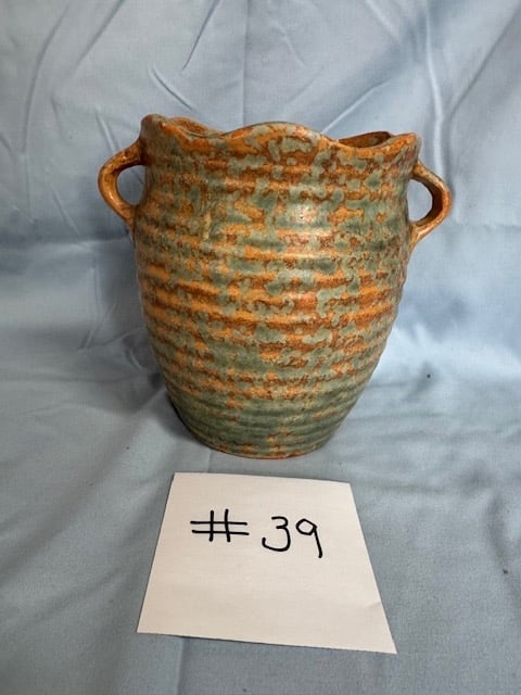 Burley Winter Pottery Vase: Horizontal Ribbing w/2 Handles; Marked "3-F". Approx. 7"
