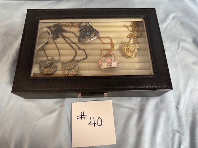 Group of Modern Purse Necklaces & Brooch: All in a Ring Box