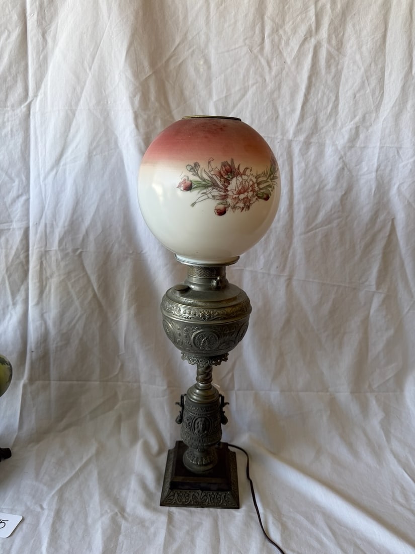 Antique Ball Shade Banquet Lamp: Metal embossed base & font w/painted decorations; 27" tall
