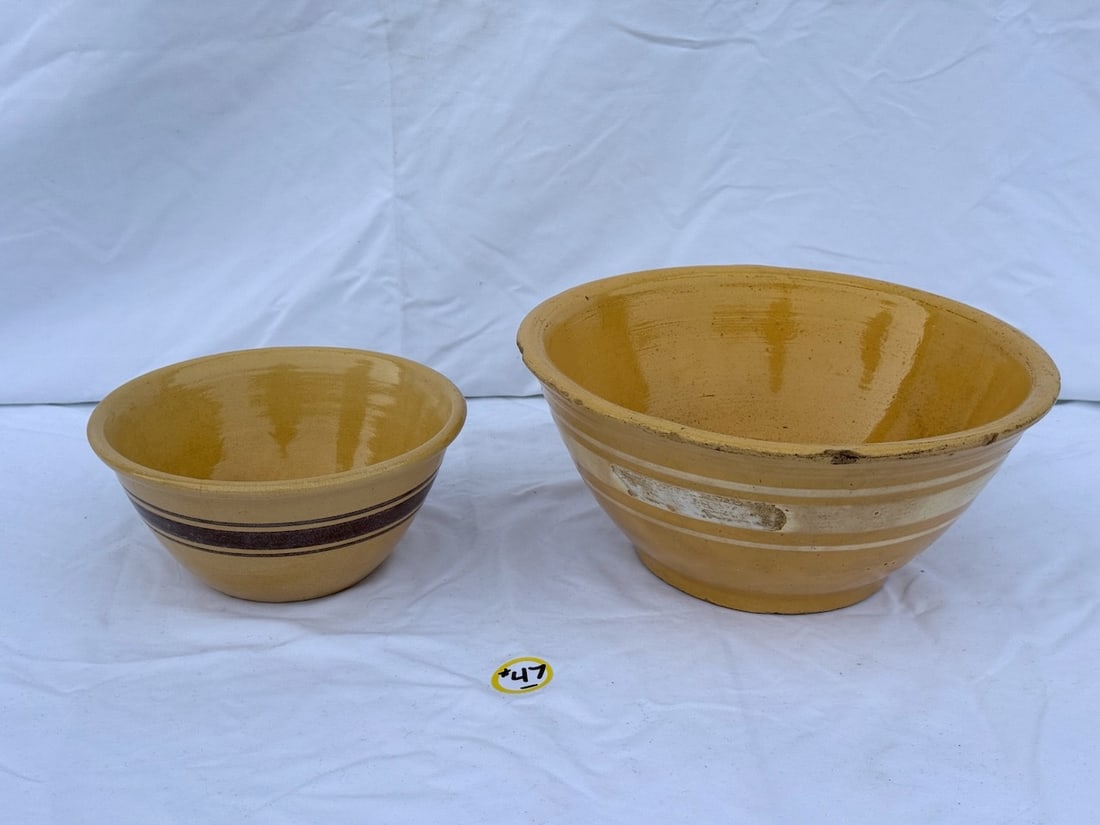2 Antique Yellow Ware Bowls: Largest is 11" diameter; white & brown banding