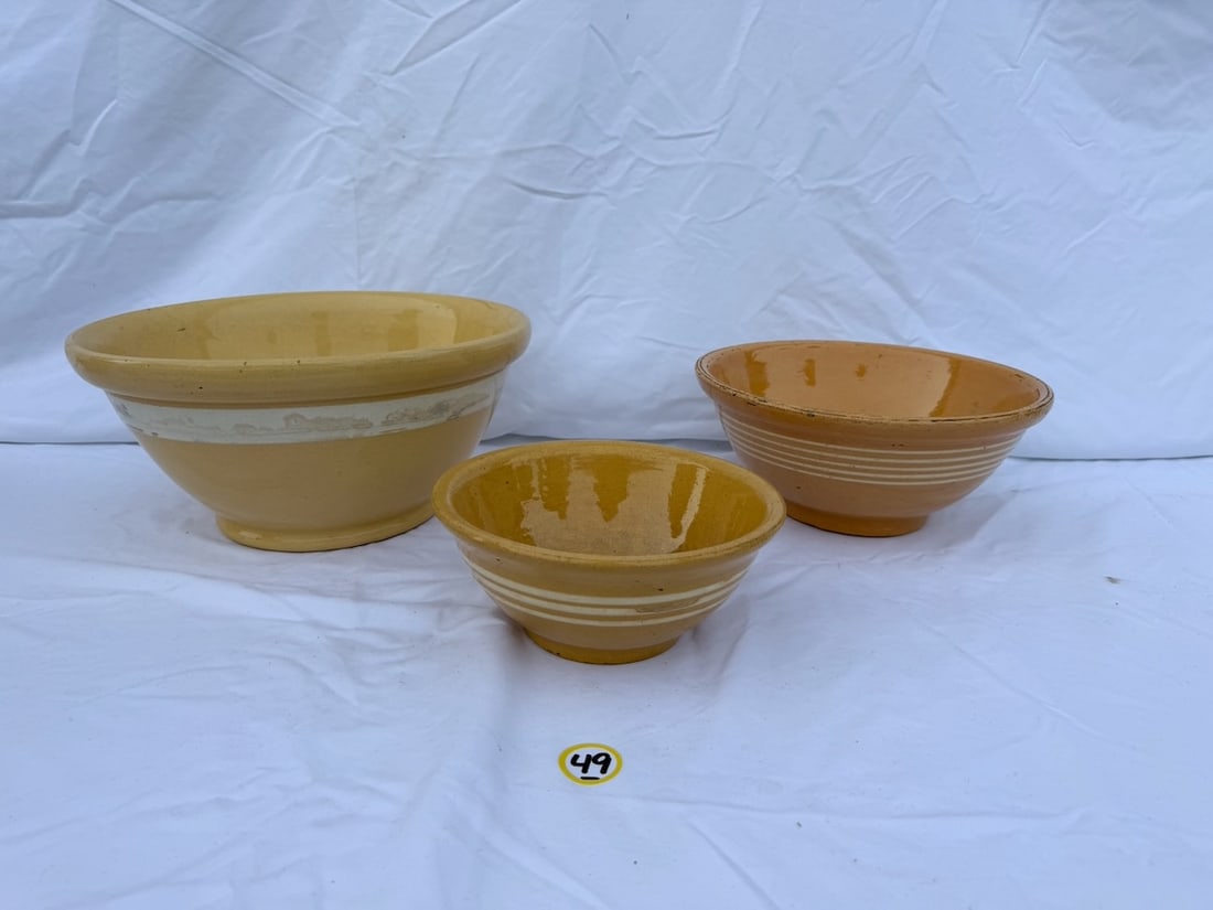3 Yellow Ware Bowls: Largest is 13" w/tight hairline
