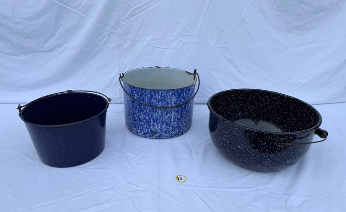 3 Enamelware Pots: Various colors; largest is 13"; all with wear