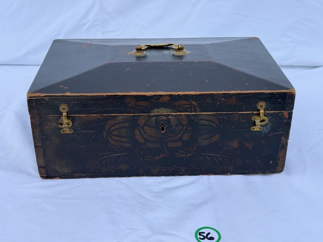 Antique Wooden Domed Box: Stenciled decoration; brass clasps & bail 14" x 9" x 7"