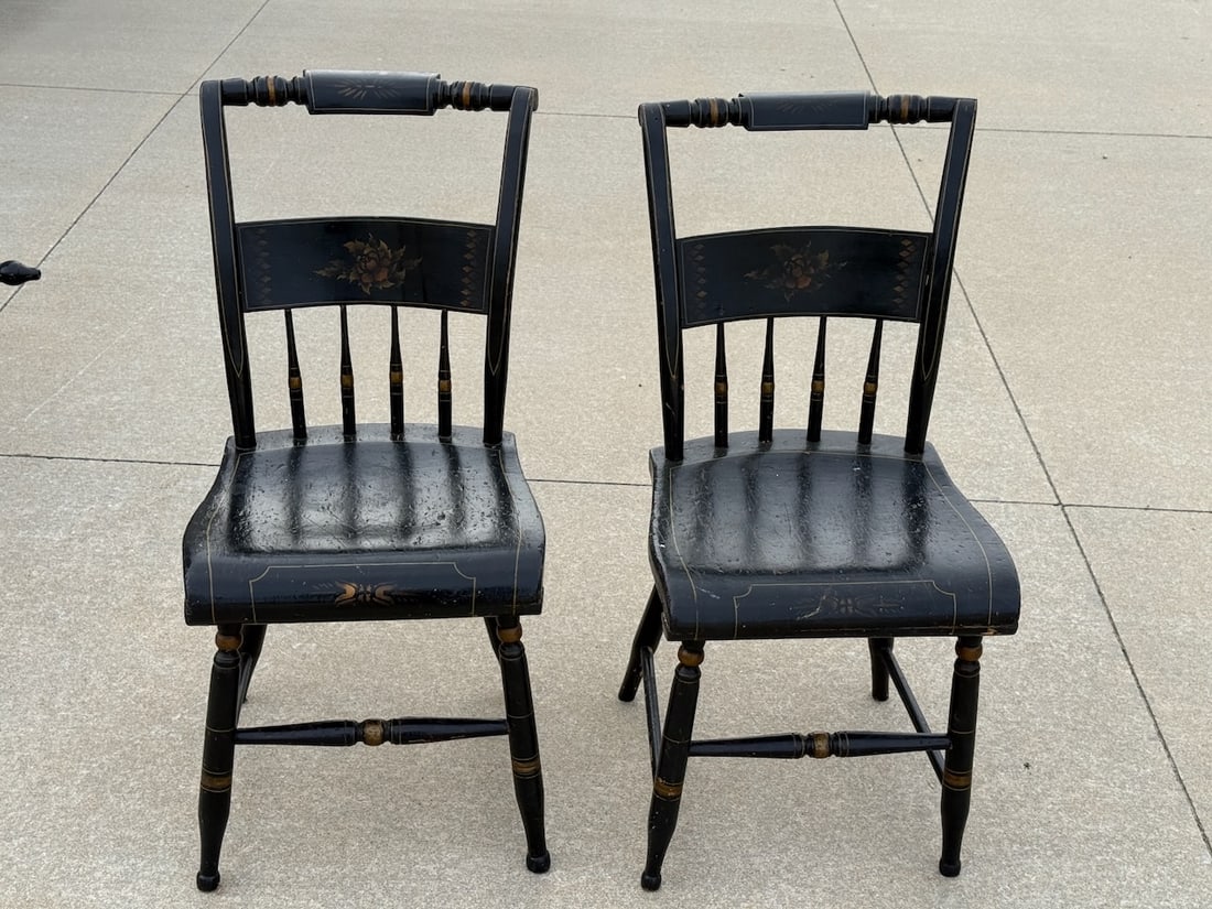 2 Hitchcock-Style Chairs: Black w/stenciled decoration; solid seats