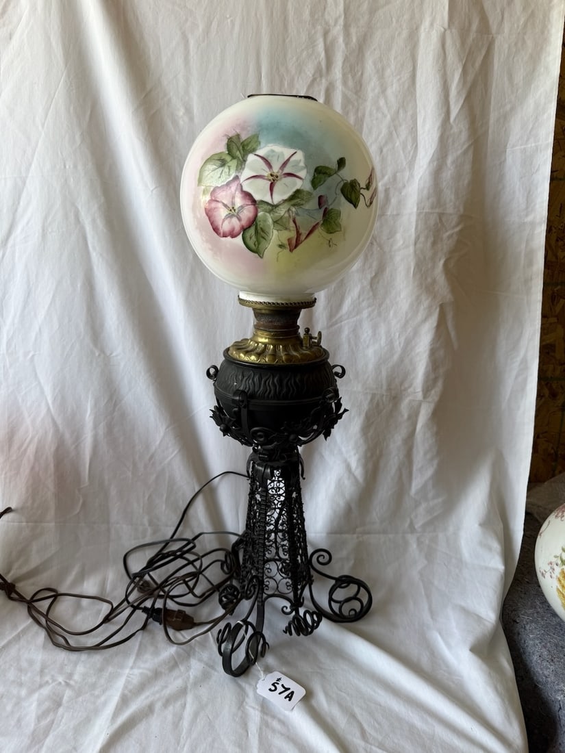 Unusual Antique Lamp: Fancy metal base; brass font & painted ball shade w/morning glory flowers; 30" tall
