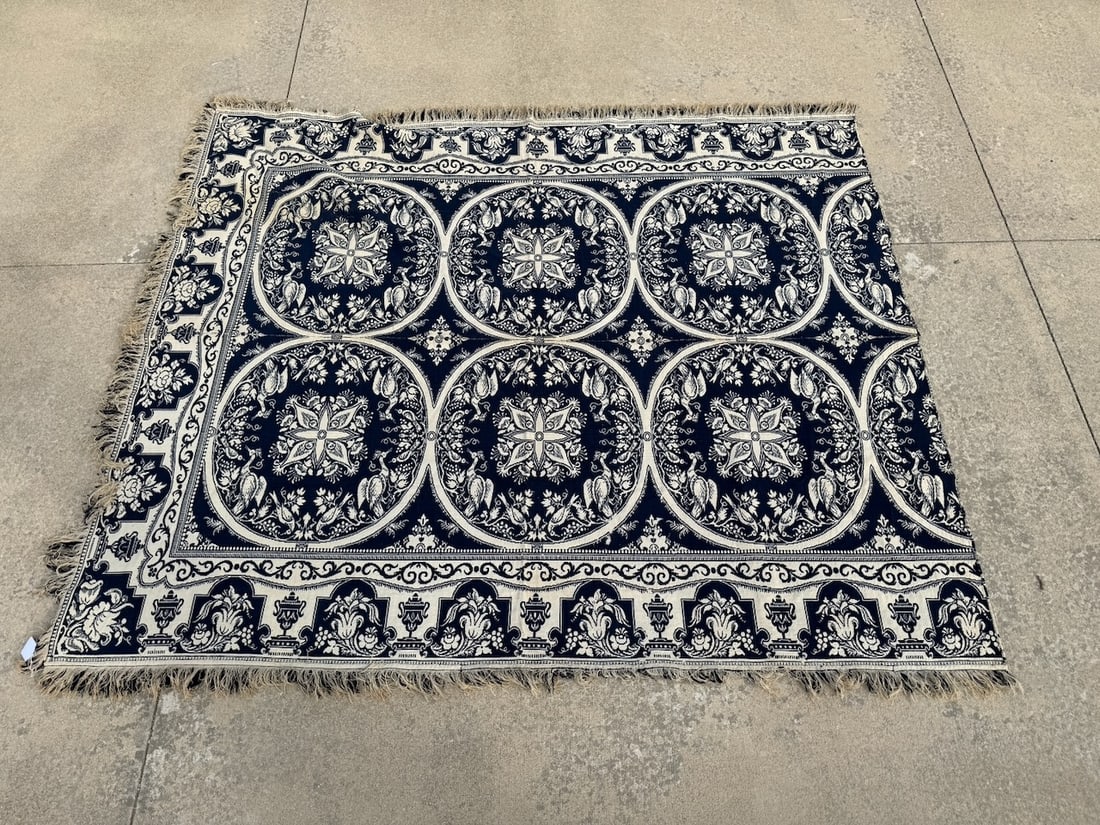 Antique Blue & White Coverlet: 91" x 77"; Birds, flowers, urns; a fringed example