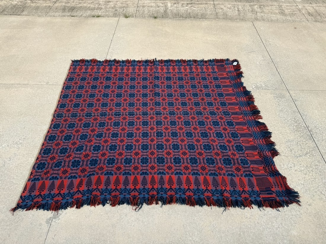 Red & Blue Fringed Coverlet: 84" x 76"; Floral & tree decoration
