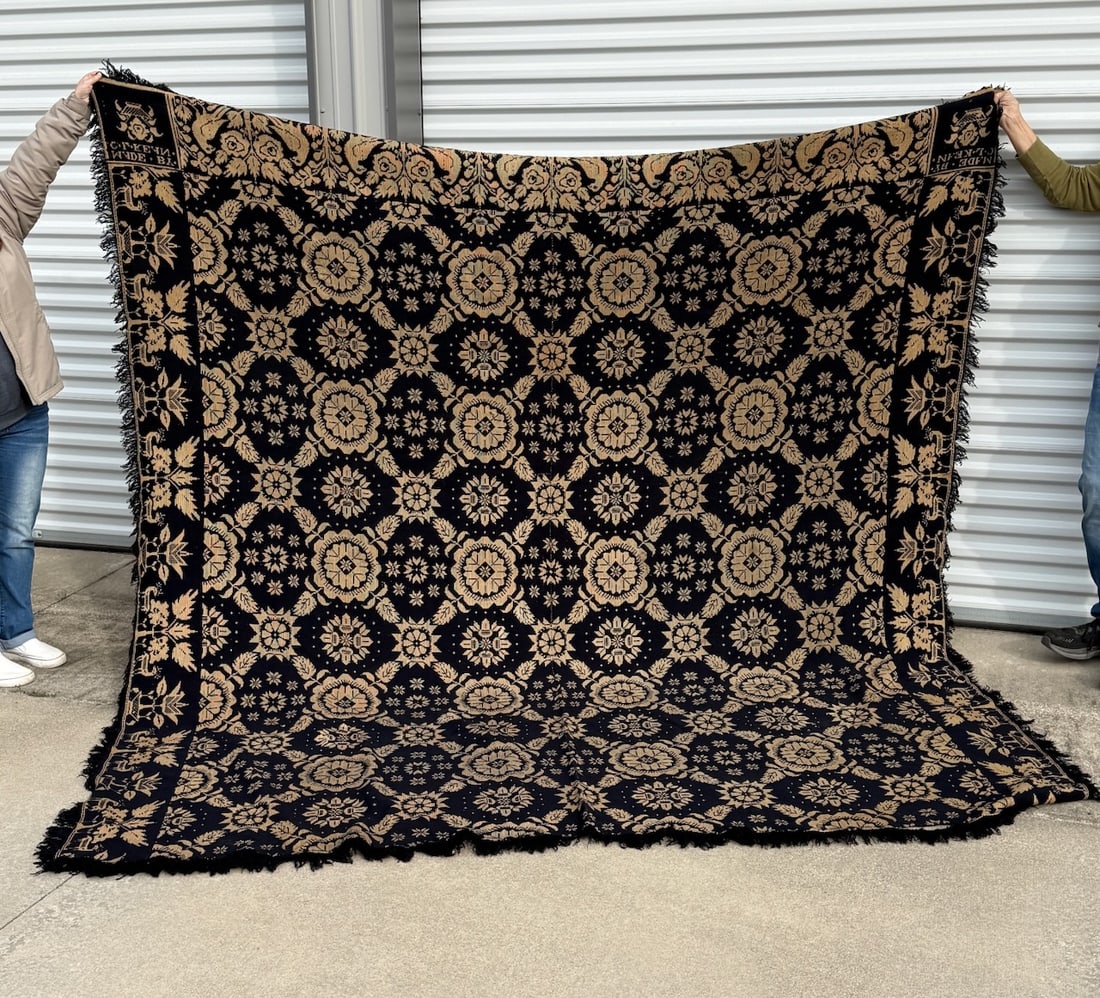 Antique Signed Coverlet: 97" x 104"; Tan & Black; with birds, deer & flowers; Signed "Made by C.L Kean"