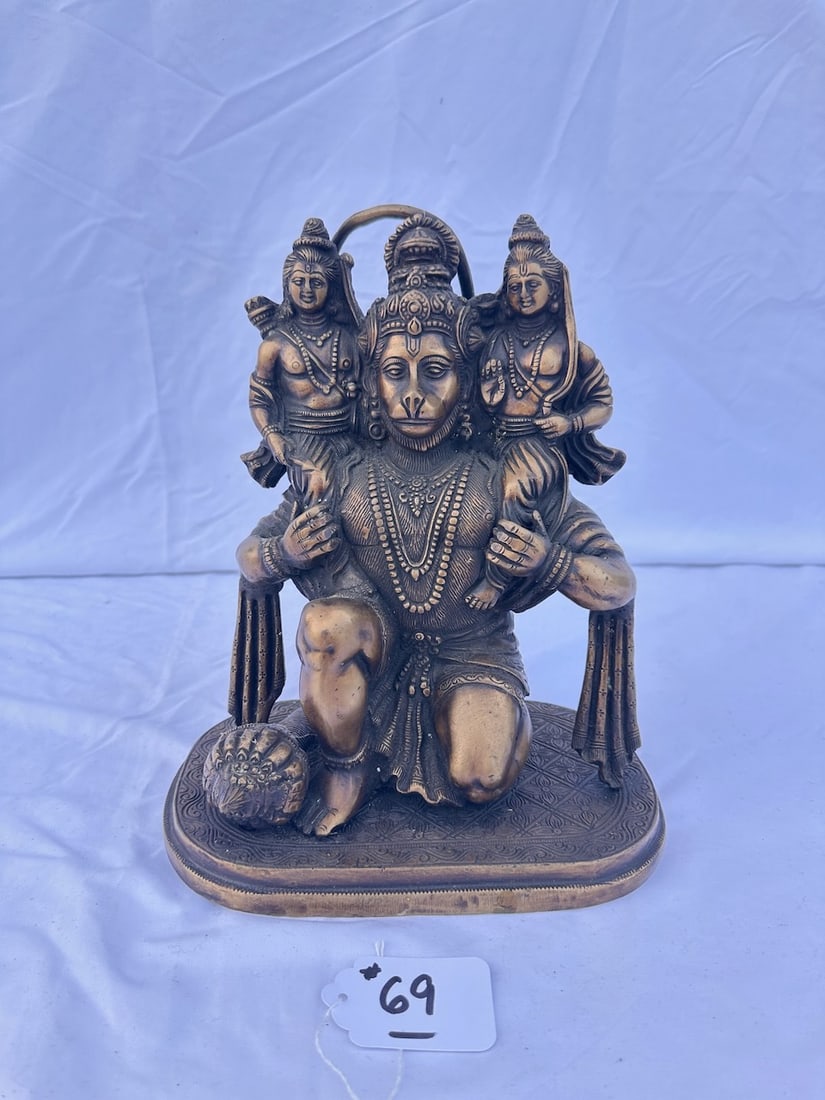 Brass Hindu Statue: Hanuman carrying Lord Rama & Lak Shmana; 13" x 11" x 6"