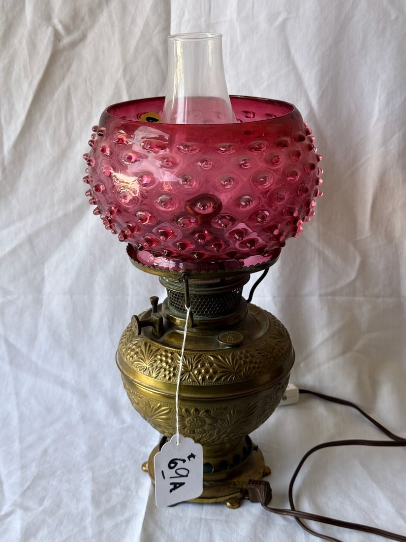 Small Brass Base Oil Lamp: Inverted Cranberry Hobnail Shade; 14" tall