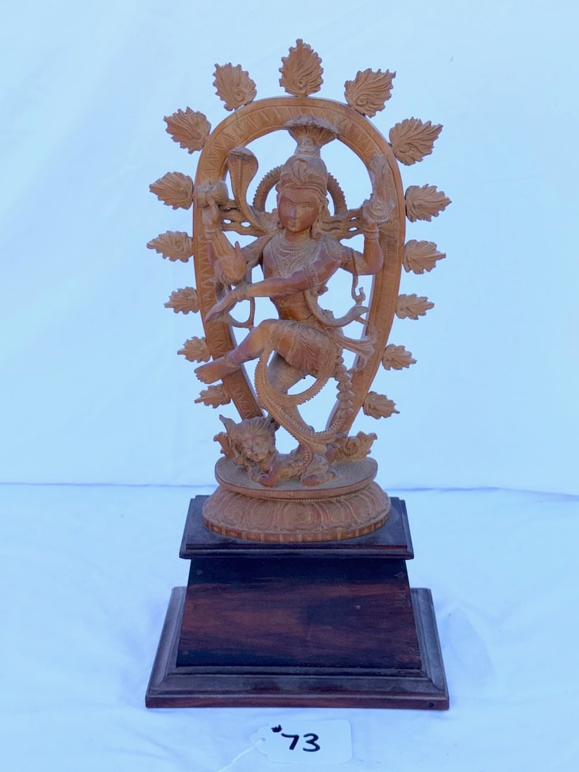 Carved Wooden Statue on Wooden Base: Nataraja Sculpture depicting Shiva in dancing pose; 18" x 8-1/2" x 6"