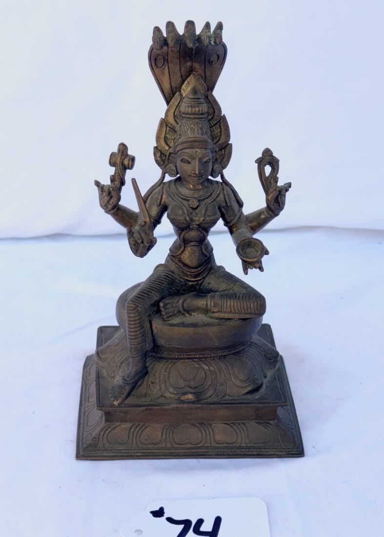 Bronze Statue of Mariamman: Often referred to as "S. Indian Durga"; 5 headed cobra; 8-1/2" x 5" x 3-3/4"