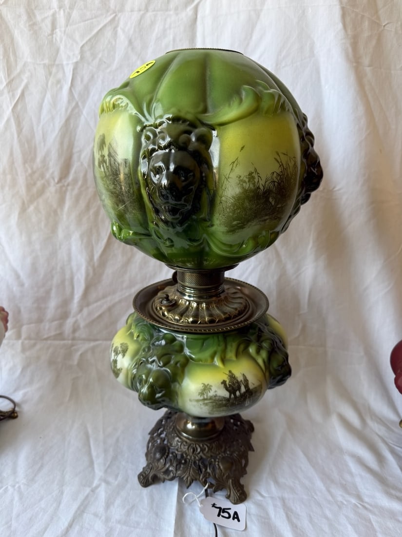 Antique GWTW Lamp: Matching base & shade; embossed lion's head with painted scene of elephant and scenic panels; 23" tall