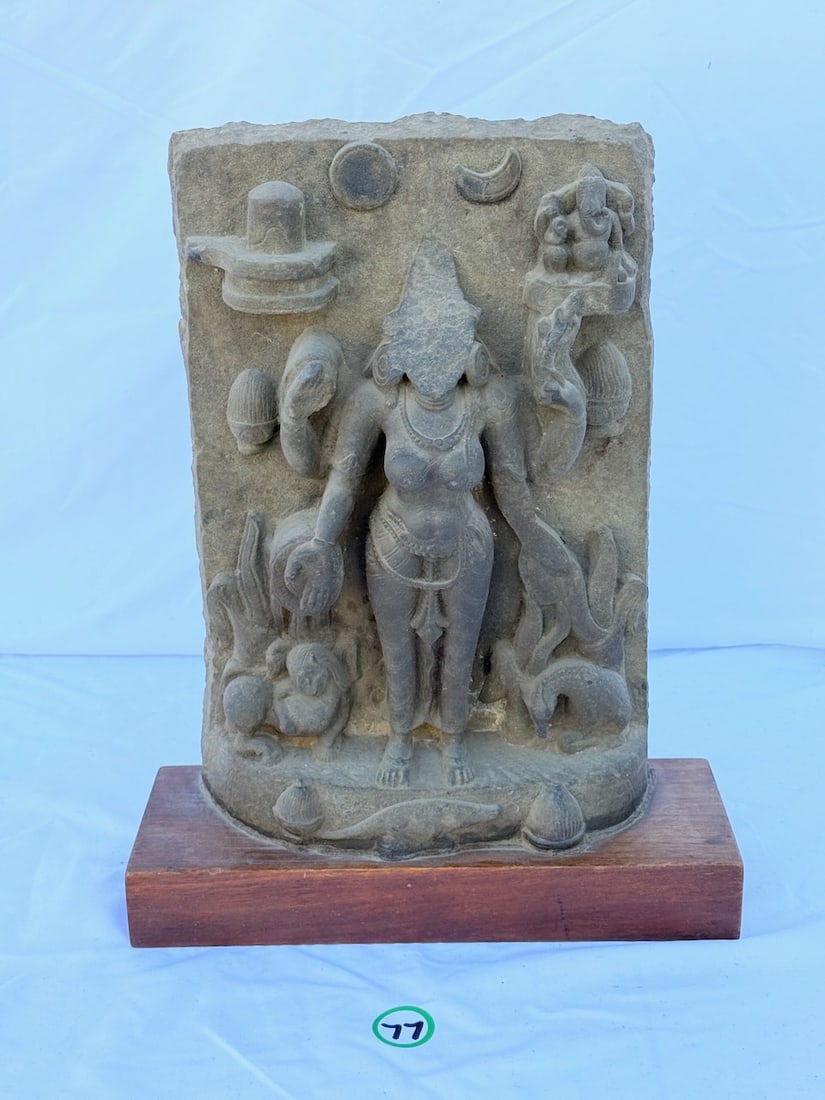 Ancient Indian Stone Sculpture: Possibly depicting a Hindu Goddess; wooden base; 17" x 10"