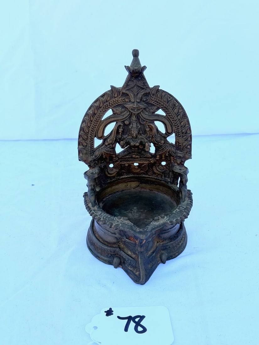 Cast Bronze Oil Lamp: India "Gaja Lakshmi" flanked by elephants; 7" x 4-1/2"