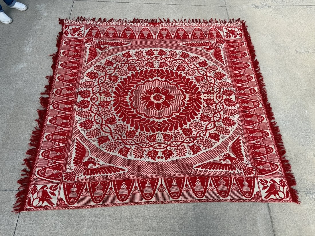 Red & White Coverlet: 80" x 83" "Manufactured by H.F. Stager & Son. Lancaster Co., Pennsylvania"