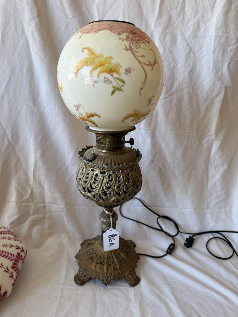 Antique Ball Shade Banquet Lamp: Fancy base & font w/decorated ball shade; 24"