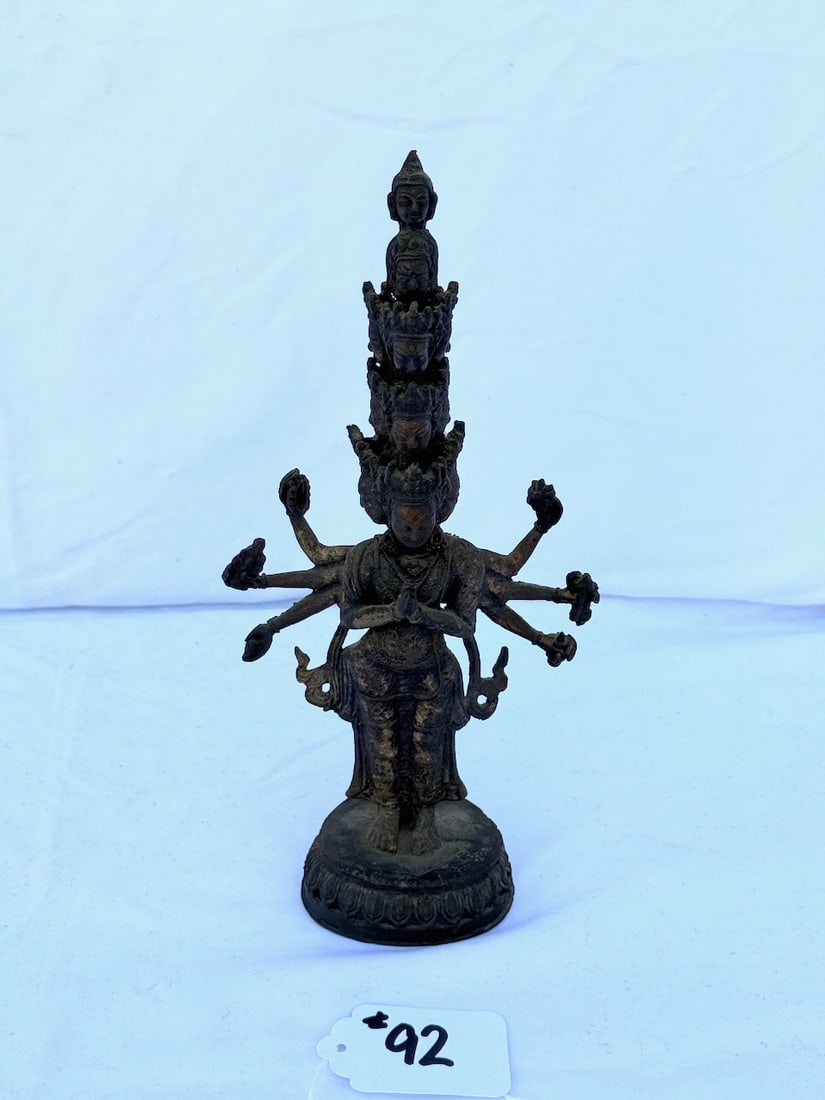Bronze 11-headed Statue: Multi-armed Buddhaism example; 12" x 6"