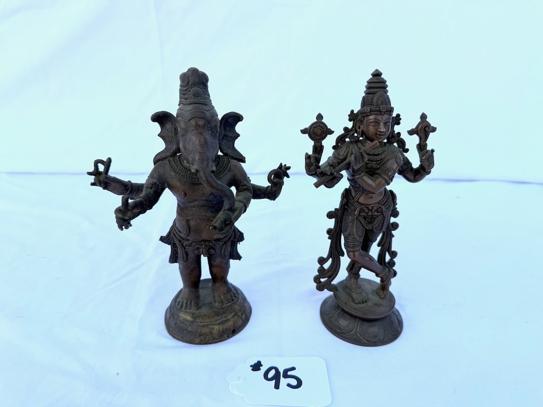2 Bronze Statues: Lord Krishna playing a flute & Hindu Deity Gabnesha