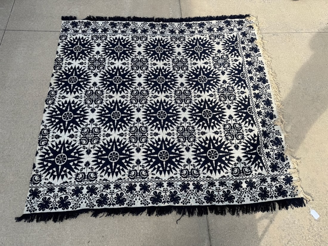 Blue & White Coverlet with Fringe: 85" x 83"; Floral & Sunburst