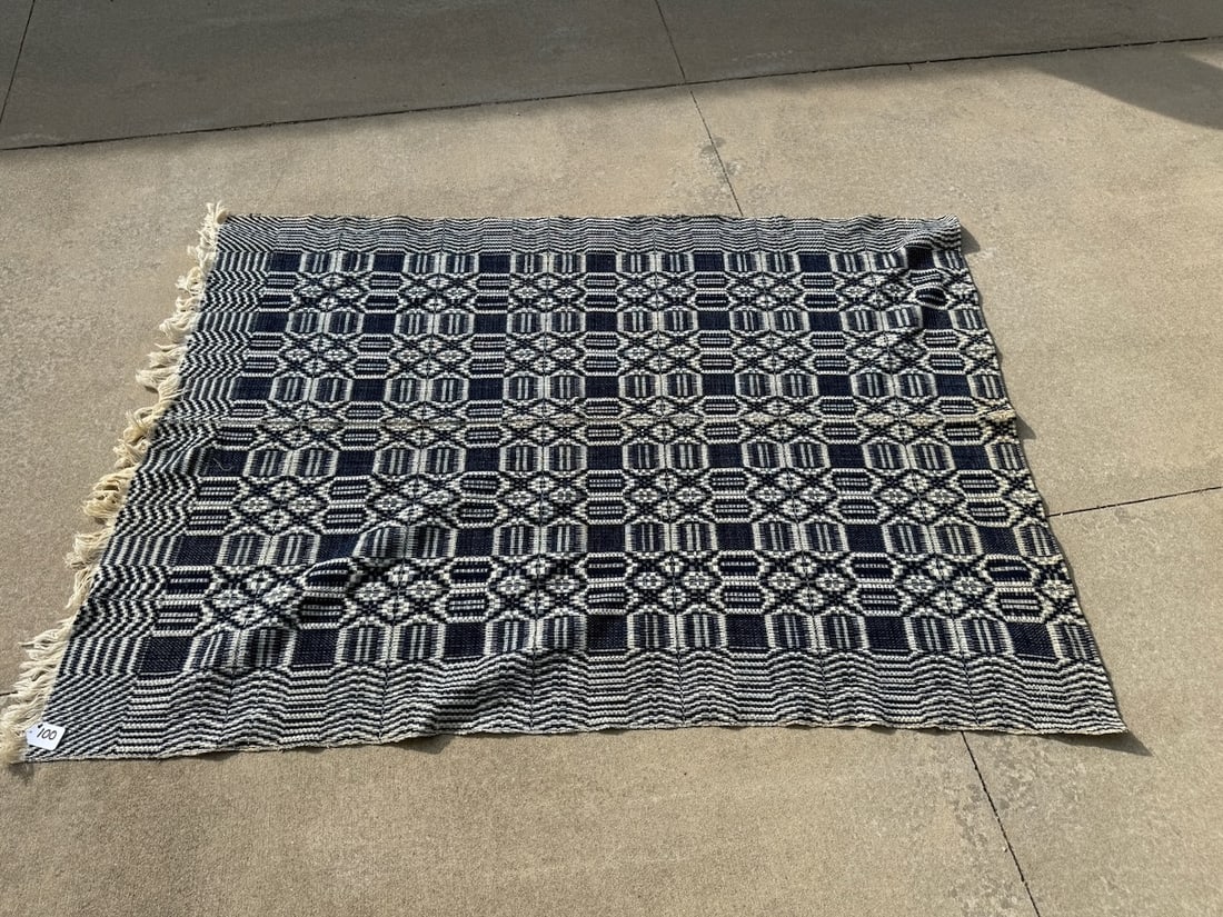 Blue & White Coverlet: 84" x 60"; Geometric Pattern