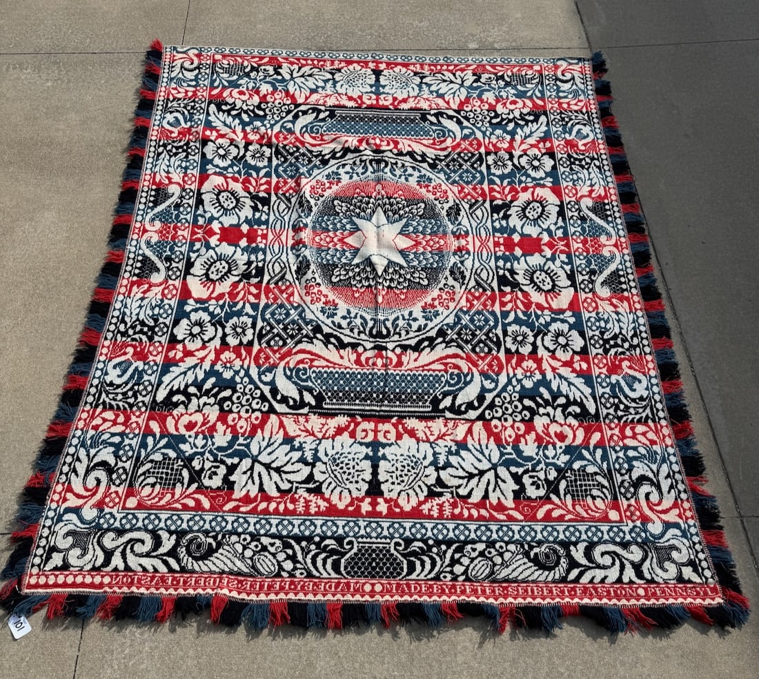 Blue, Red & White: 77" x 94" Fringed example; Made by Peter Seibert, Easton, PA
