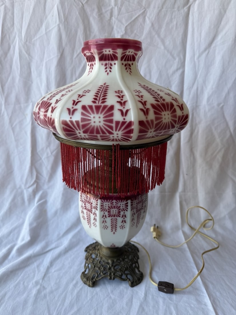 Antique Parlor Lamp w/half shade: Fringed border; matching stencil decoration on shade & base; 22" tall
