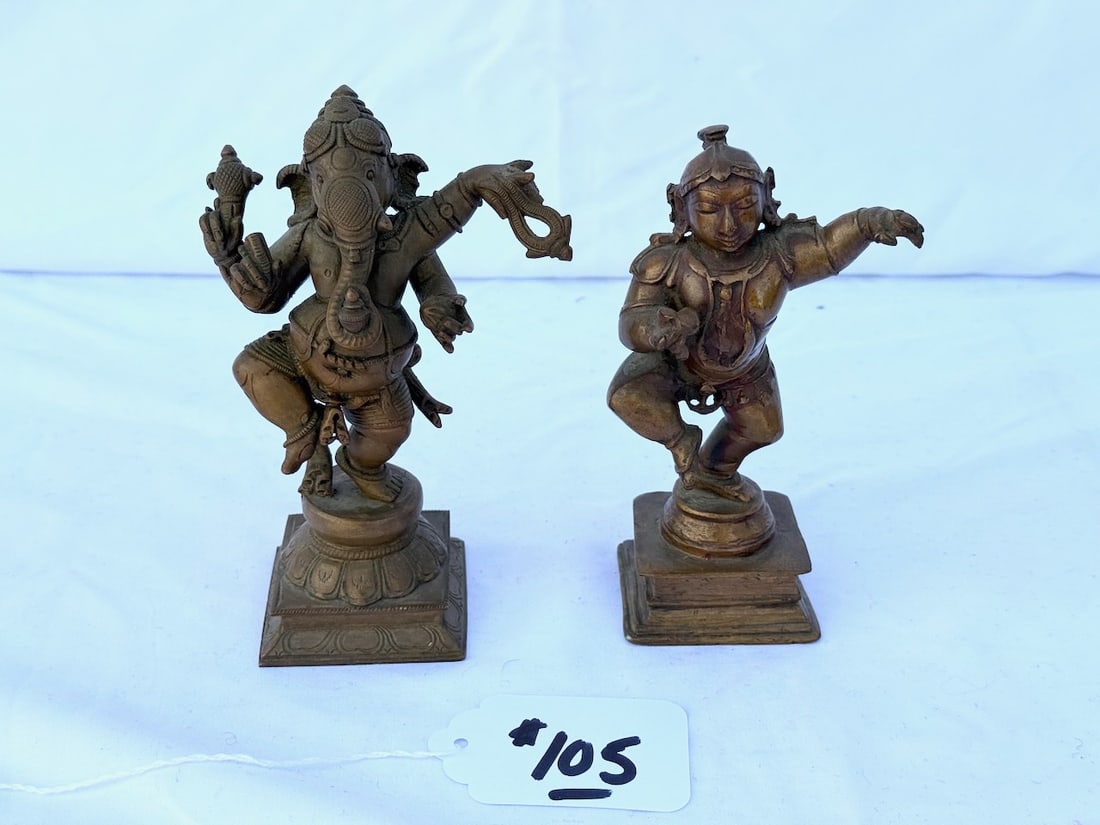 2 Bronze Statues: 1 of Dancing Ganash & other depicting Krishna; tallest is 6"