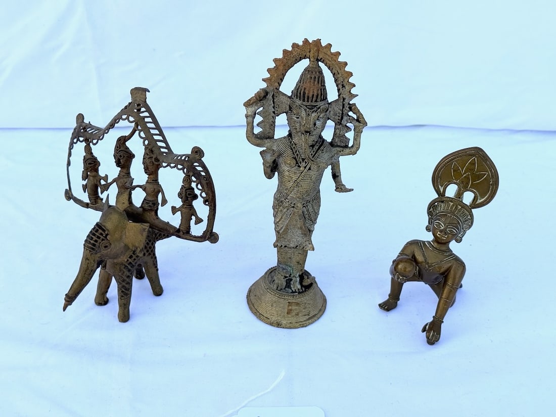 3 Bronze Statues: Dhokra Tribal Art, Dokra Ganesha, & bronze figure of Laddu Gopal (Infant form of Lord Krishna)