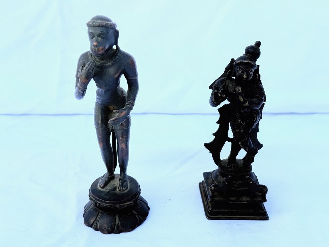 2 Bronze Statues: One of Hindu Deity Hanuman & other of Deity Krishna; tallest is 7"