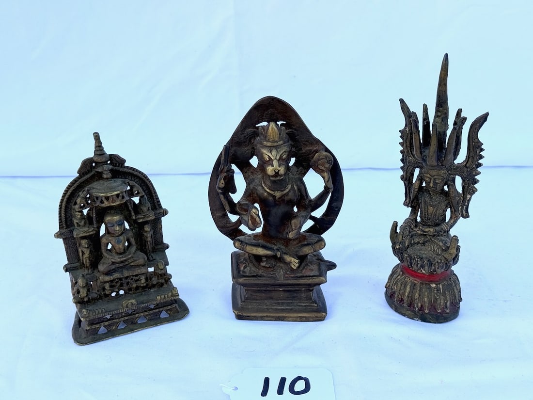 3 Bronze Sculptures: Lion-faced Avatar "Narasimha"; also Crowned Buddha Statue & an Indian Jain Bronze; tallest is 7-1/2"