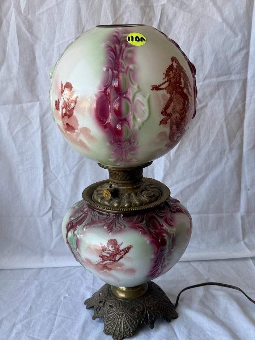 Decorated GWTW Lamp: Very nice embossed example w/painted decorations of girl playing a violin; 23" tall