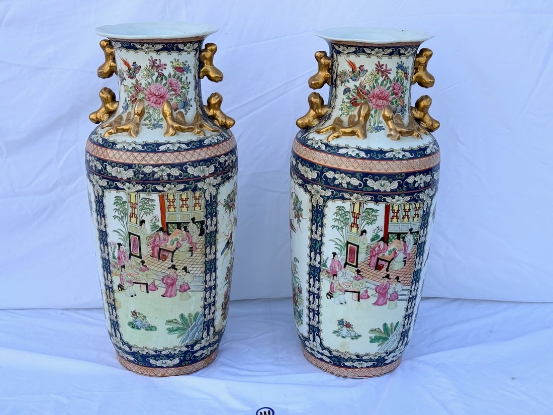 Pair of Chinese Famille Rose Porcelain Vases: 25" x 10"; 1 is excellent; other has a full body crack
