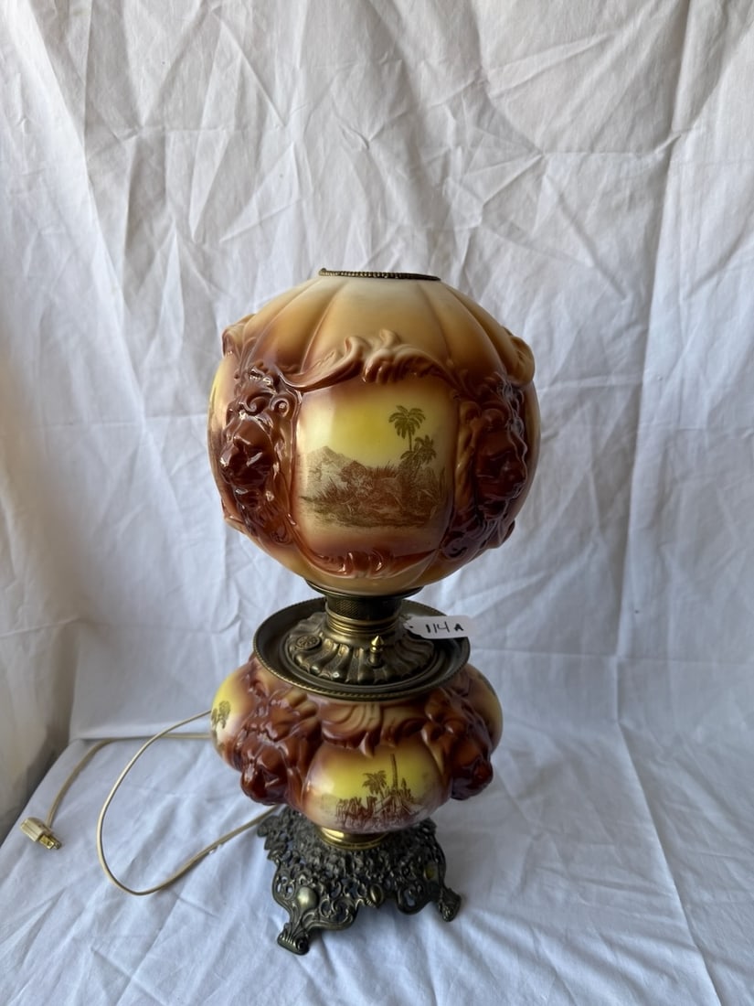 Excellent Decorated GWTW Lamp: Matching Shade & Base; Lion's Head & Painted Panels w/Camels, etc. 22"