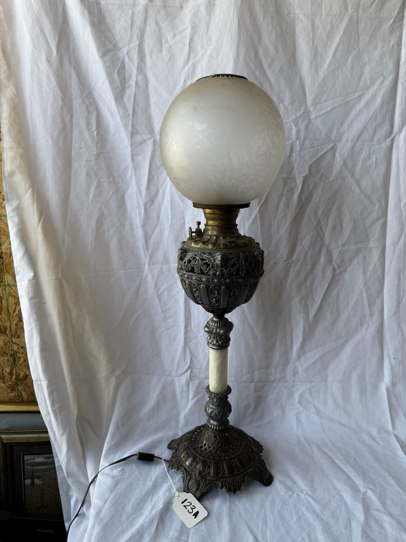 Tall Antique Banquet Lamp: Frosted Ball Shade; 31" tall