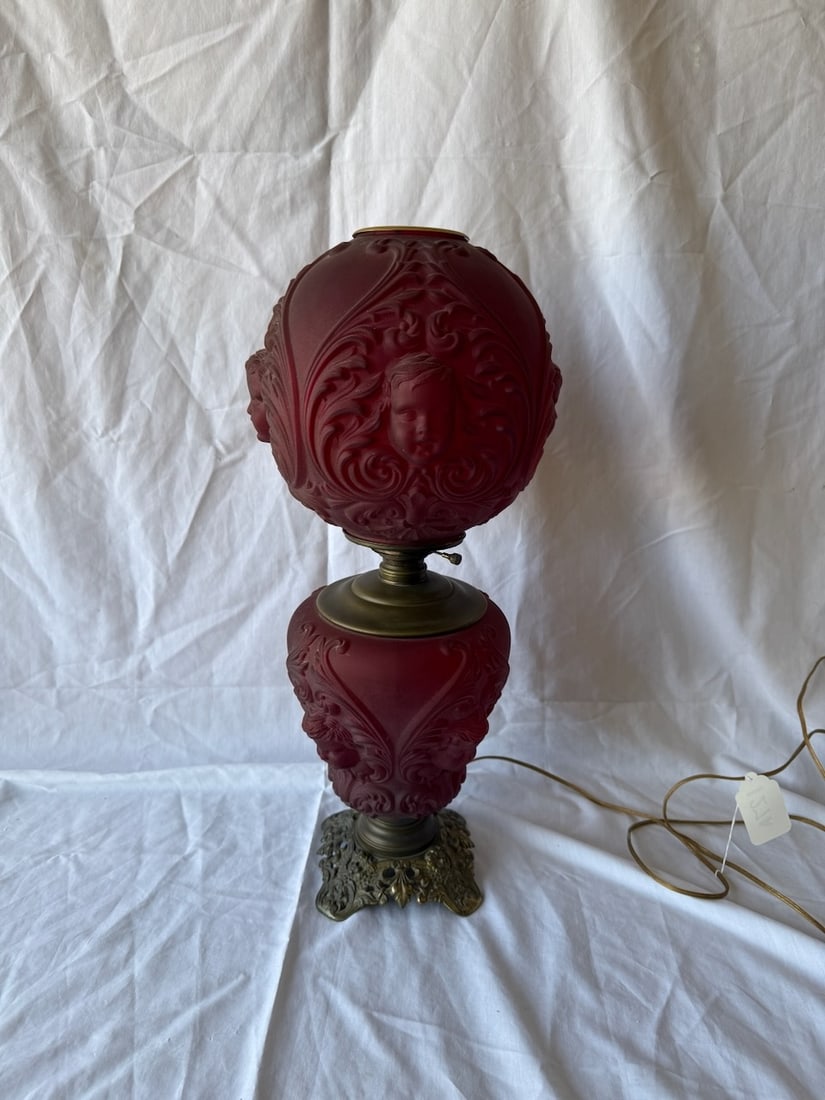 Red Satin Glass GWTW Lamp: Matching Base & Shade w/children embossed features; 24" tall