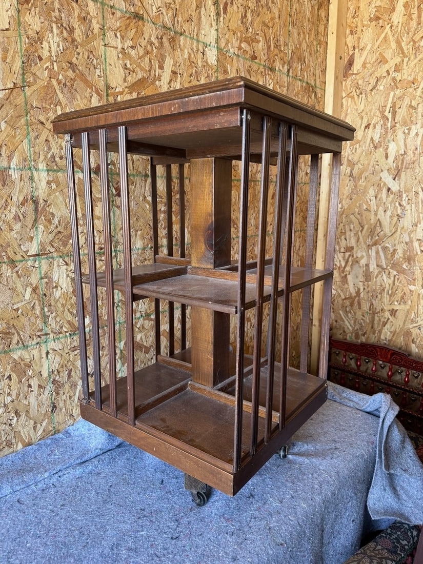 Antique 2-tier Revolving Bookcase: Inlaid Top; 19 x 19 x 32" tall
