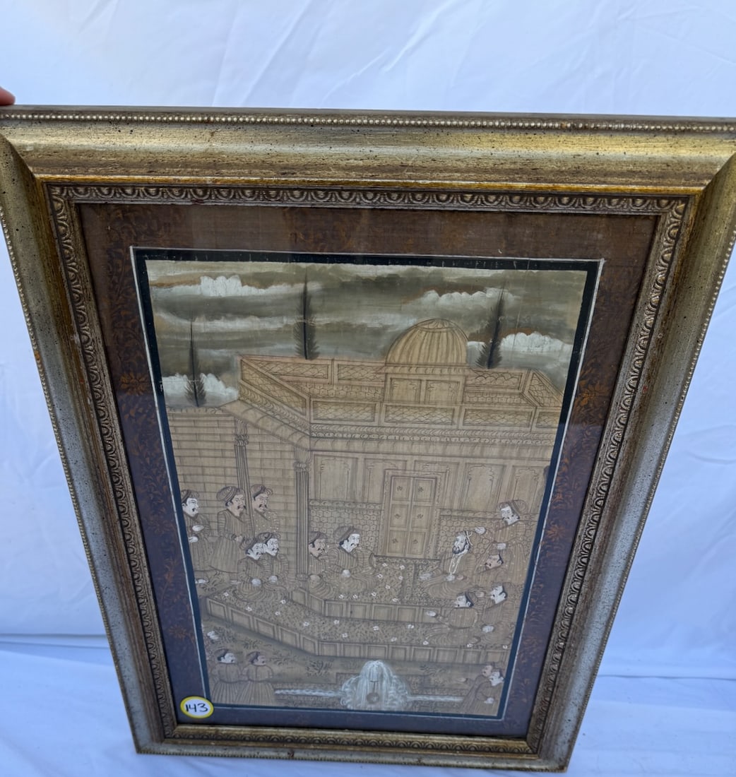 Framed Indian Painting Mughal Style: Royal Court Scene; measures 17" x 23"