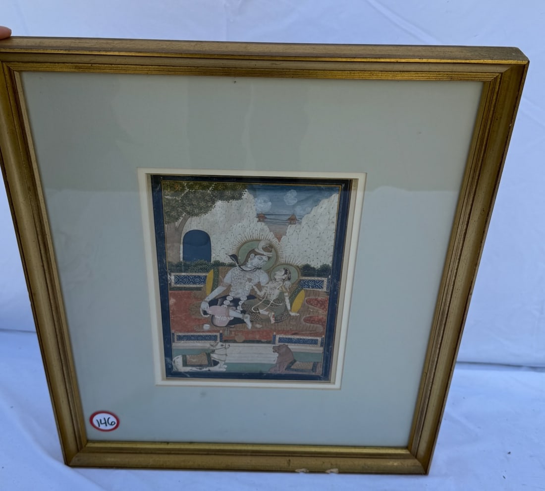 Framed Indian Art Work: Depicting Hindu Deities; measures 15" x 18"