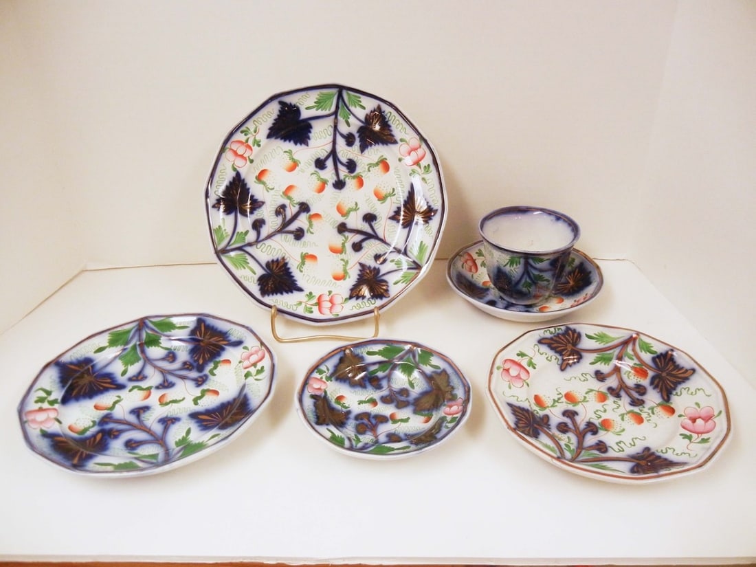 Flow Blue: Half-Ripe Strawberry, Plates (3), Cup & Saucer, Fruit Dish: Half-Ripe Strawberry, Gaudy Ironstone, (PID # 0466), T. Walker, Circa 1850, Hairline on Smallest Plate, Professional Restoration on Cup