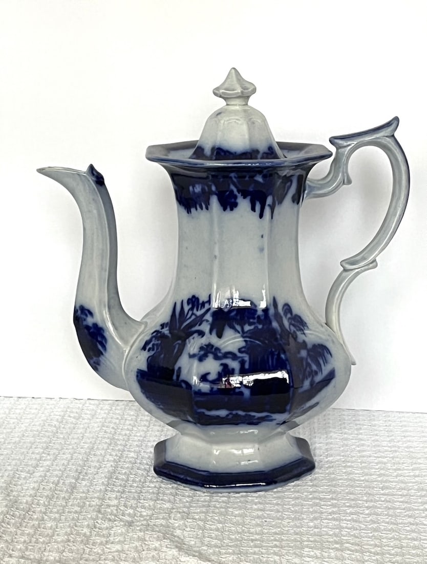 Flow Blue: Chen-Si, 11" Long-Necked Coffee Pot w/Lid: Chen-Si, (PID # 0612), J. Maddock, Circa 1845, Chip on Edge of Lid, Nibbles on Spout