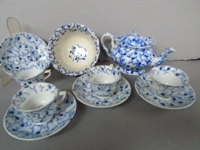 Flow Blue: Hopberry, Child's Partial Tea Set: Teapot w/Lid, Cups, Saucers & Waste Bowl: Hopberry, (PID # 0977), C. Meigh, Circa 1845, Tip of Teapot Spout Restored. Tiny Nick on Rim of Waste Bowl
