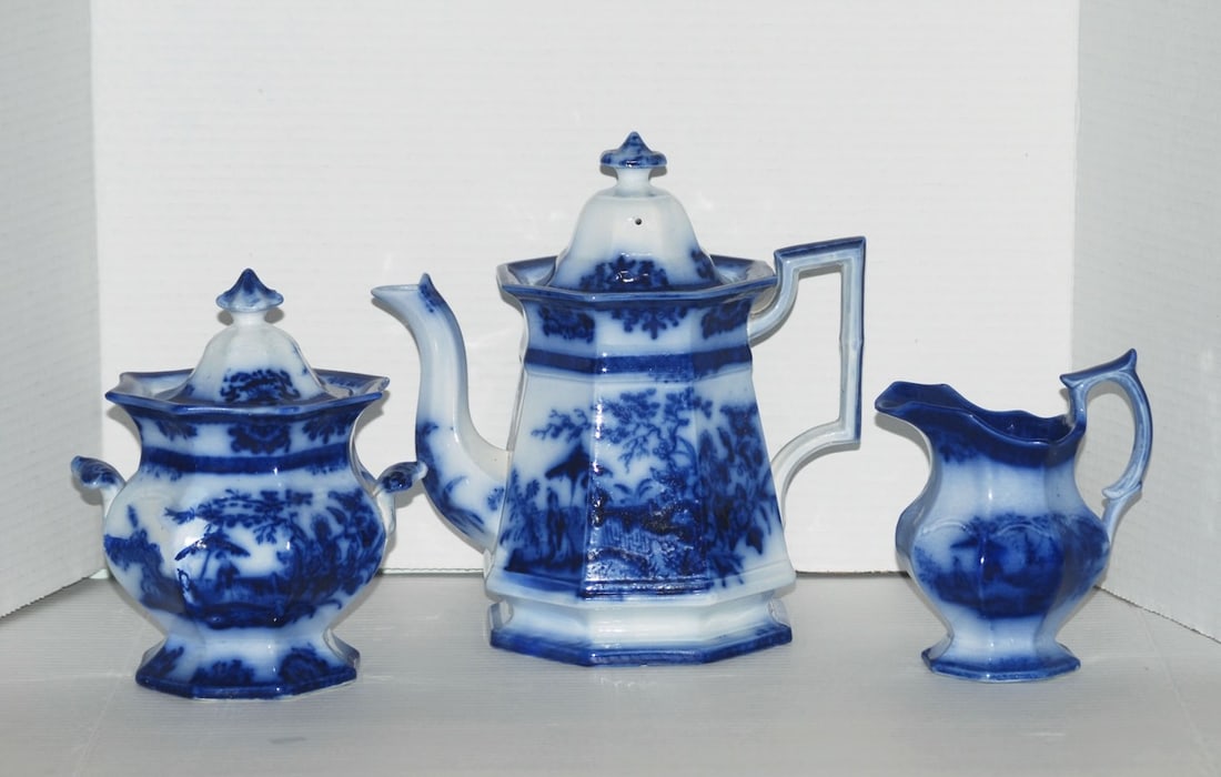 Flow Blue: Amoy, Tea Set: Teapot w/Lid, Creamer, Sugar Bowl w/Lid: Amoy, (PID # 0116), Davenport, Circa 1844, Creamer w/Restored Rim Chip, Sugar Bowl w/Restored Crack