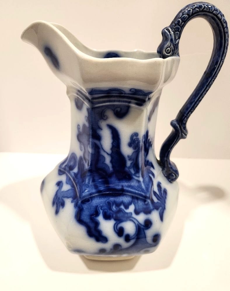 Flow Blue: Chinese Dragon & Pearl, 9" Pitcher: Chinese Dragon & Pearl, (PID # 2342), G. L. Ashworth, Circa 1862, see photos
