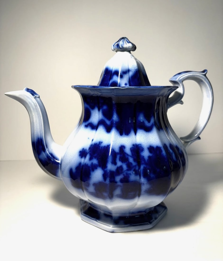 Flow Blue: Cashmere, 7 3/4" Split Panel Primary Teapot: Cashmere, (PID # 0007), F. Morley, Circa 1850, Tiny Nick on Back of Handle