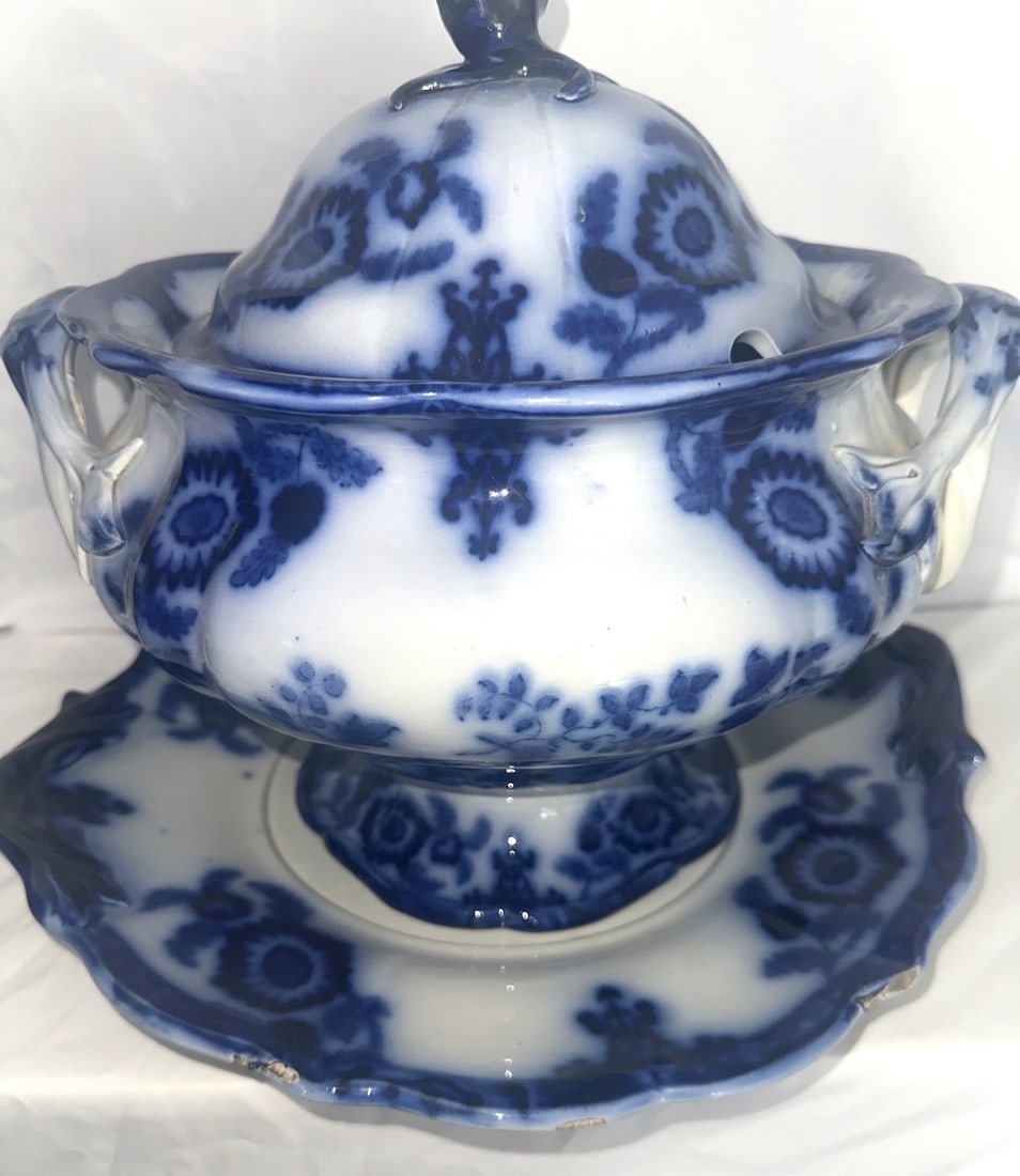 Flow Blue: Heron, 13" x 12" Soup Tureen w/Lid & 15 1/2" Underplate: Heron, (PID # 0435), C. Meigh, Circa 1845, Chips on Underplate