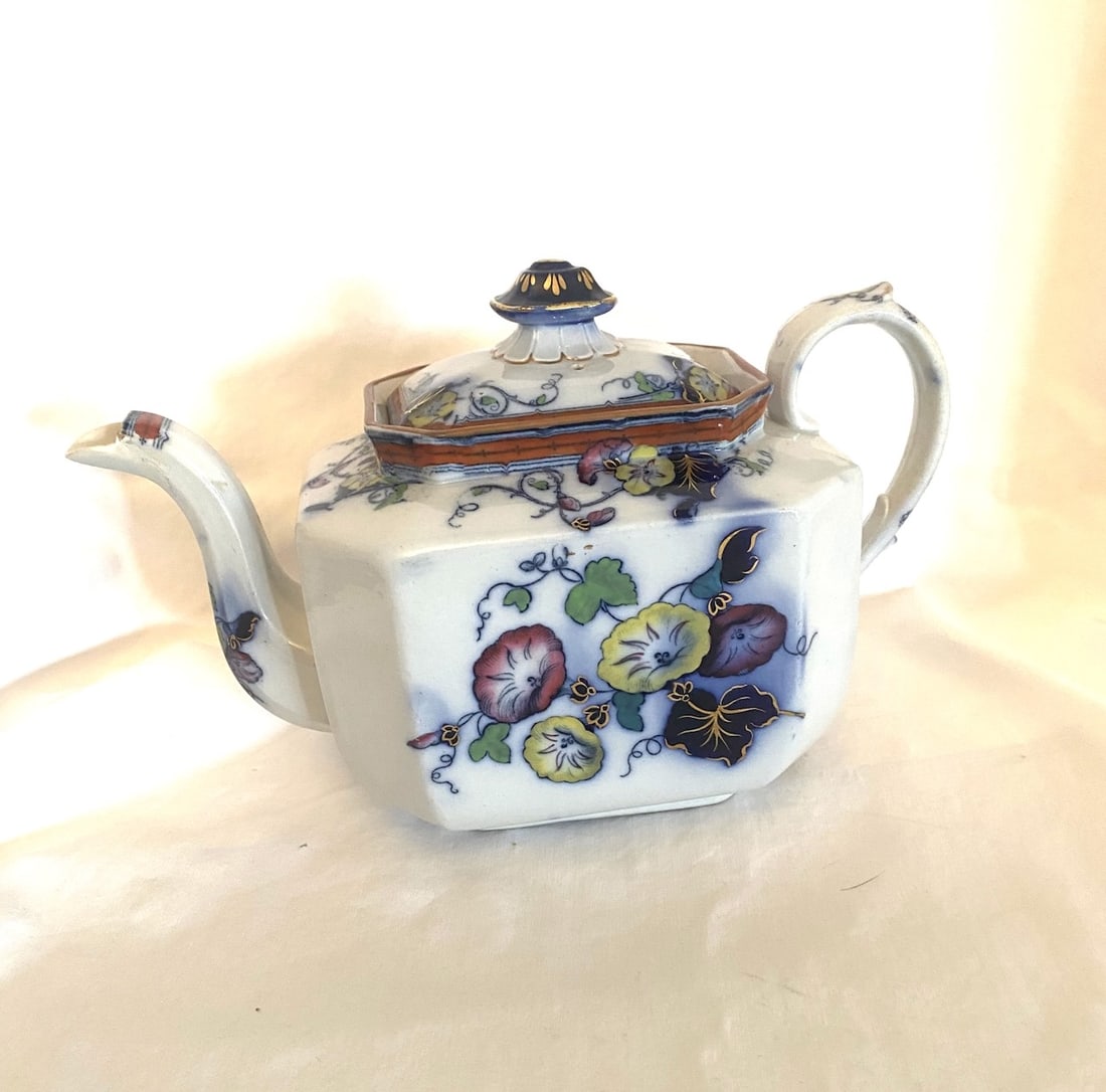 Flow Blue: Floweret, Teapot w/Lid: Floweret, Polychrome, (PID # 4746), F. Morley, Circa 1850, see photos