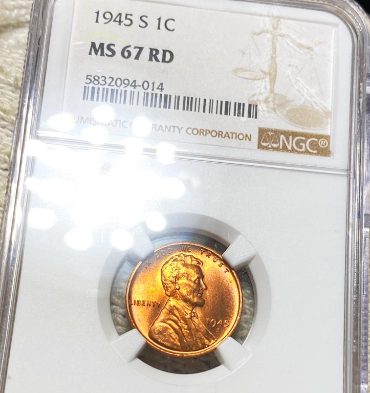 1945-S Lincoln Wheat Penny NGC - MS 67 RD: 1945-S Lincoln Wheat Penny NGC - MS 67 RD