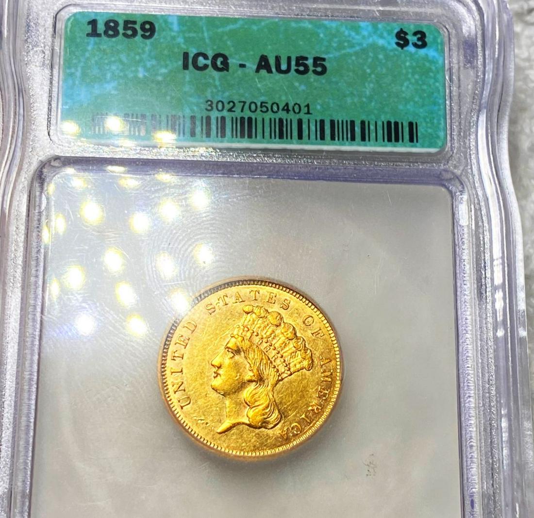 1859 Three Dollar Piece ICG - AU55: 1859 Three Dollar Piece ICG - AU55