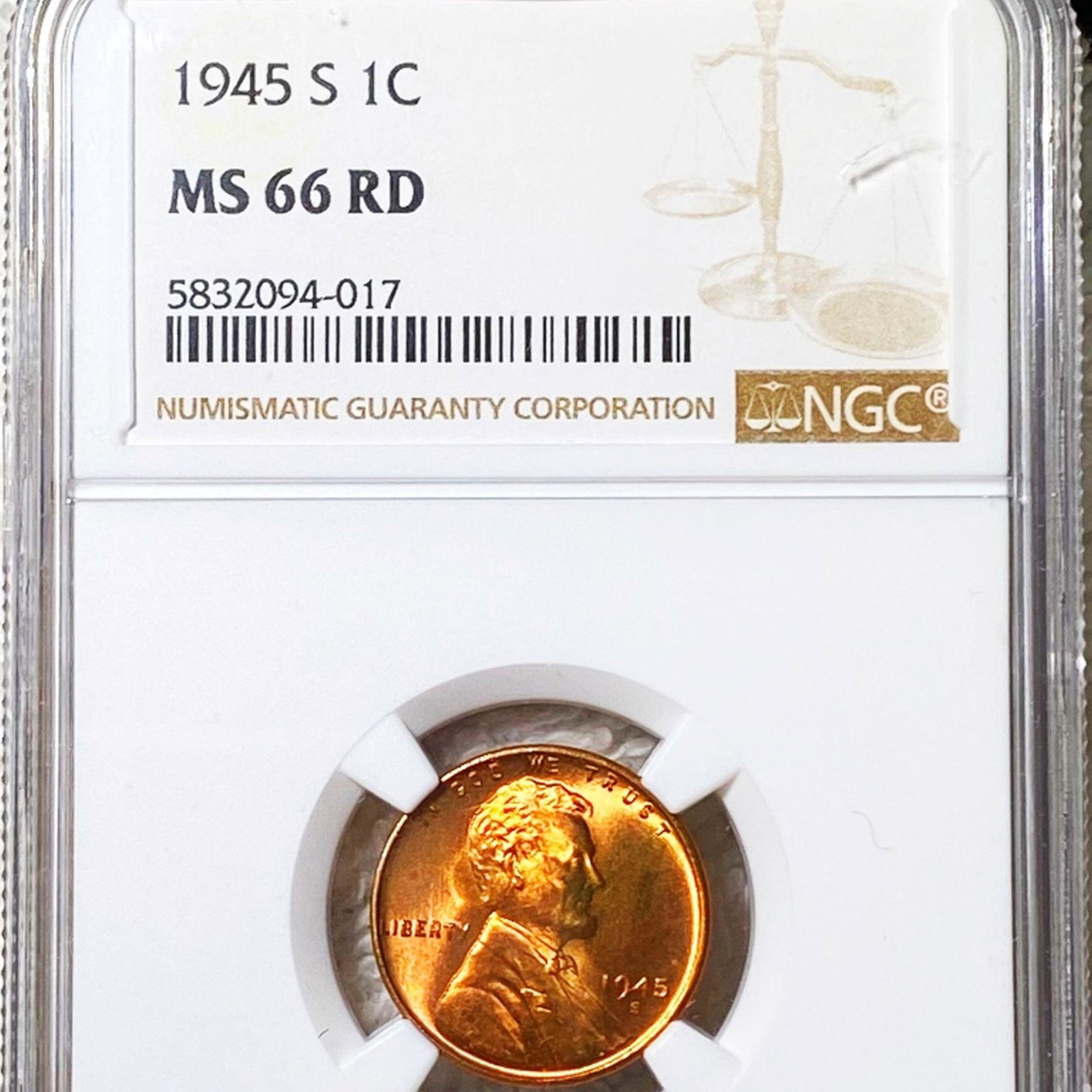 1945-S Lincoln Wheat Penny NGC - MS 66 RD: 1945-S Lincoln Wheat Penny NGC - MS 66 RD